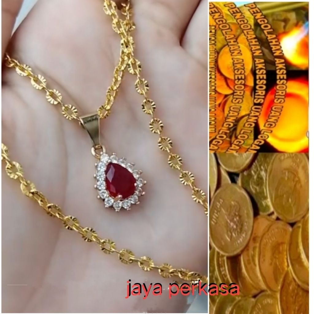 Kalung koin 1991 liontin batu delima merah