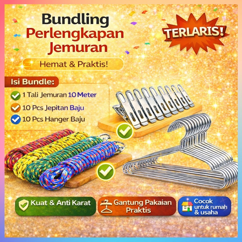 [PAKET BUNDLING] Tali Jemuran + Jepitan Baju + Hanger Baju Set Jemuran Pakaian Tali Jemur 10 Meter J