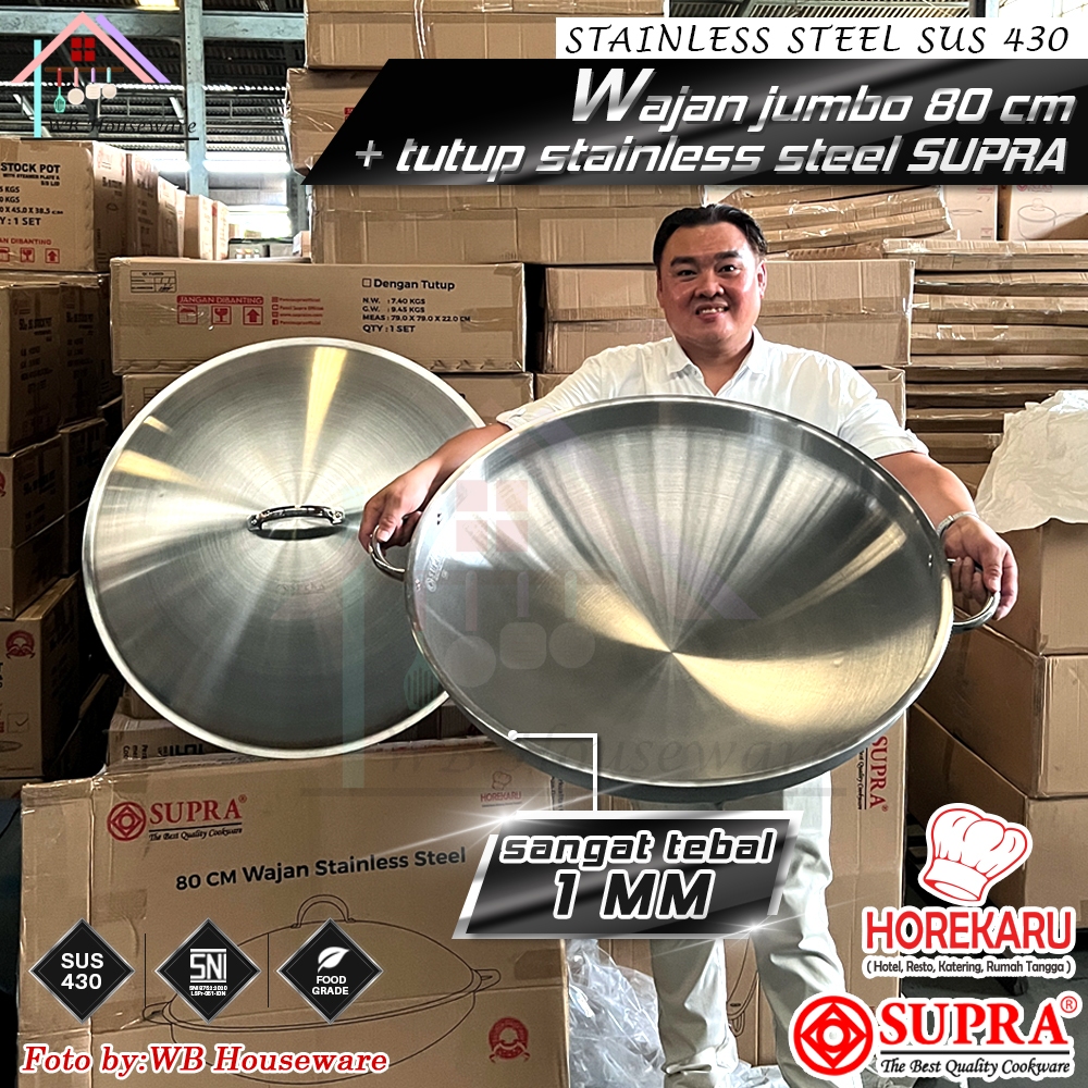 SUPRA Wajan jumbo 80cm + tutup stainless / kuali tebal SNI stainless SUS 430 HOREKARU