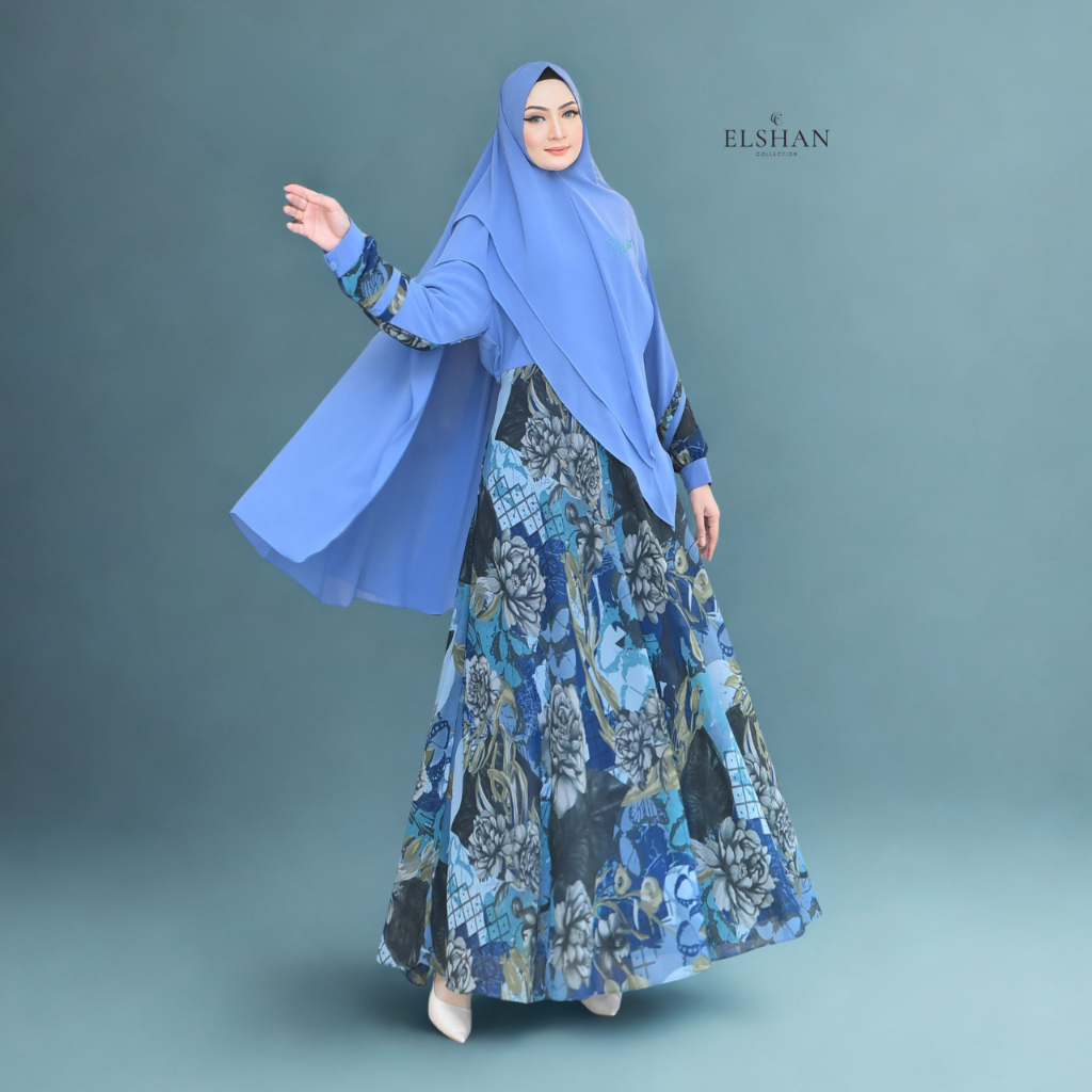 Elshan - Gamis Syari Motif Abstrak Set Hijab Ceruty Babydoll Elshanum