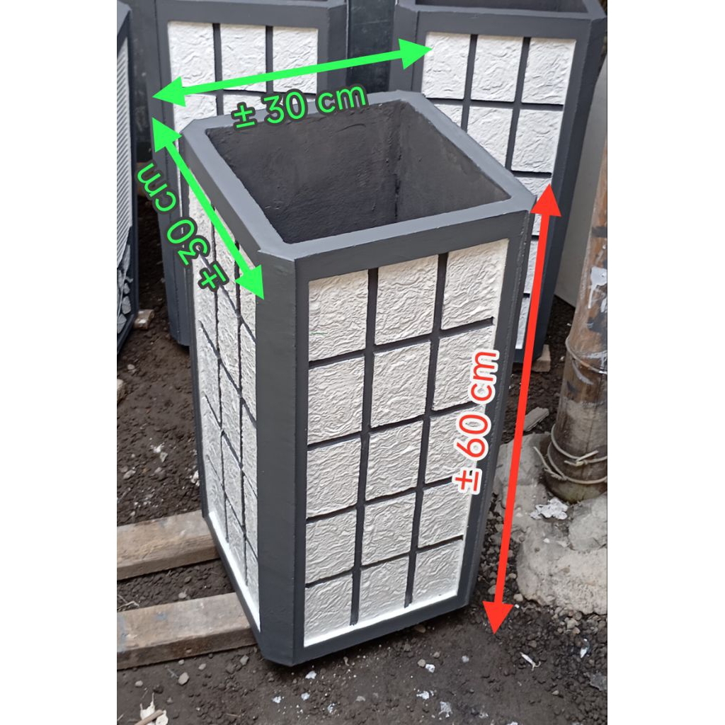 Pot tanaman &  bunga model kotak tinggi minimalis warna Putih - Abu motif batu alam utk indoor outdo