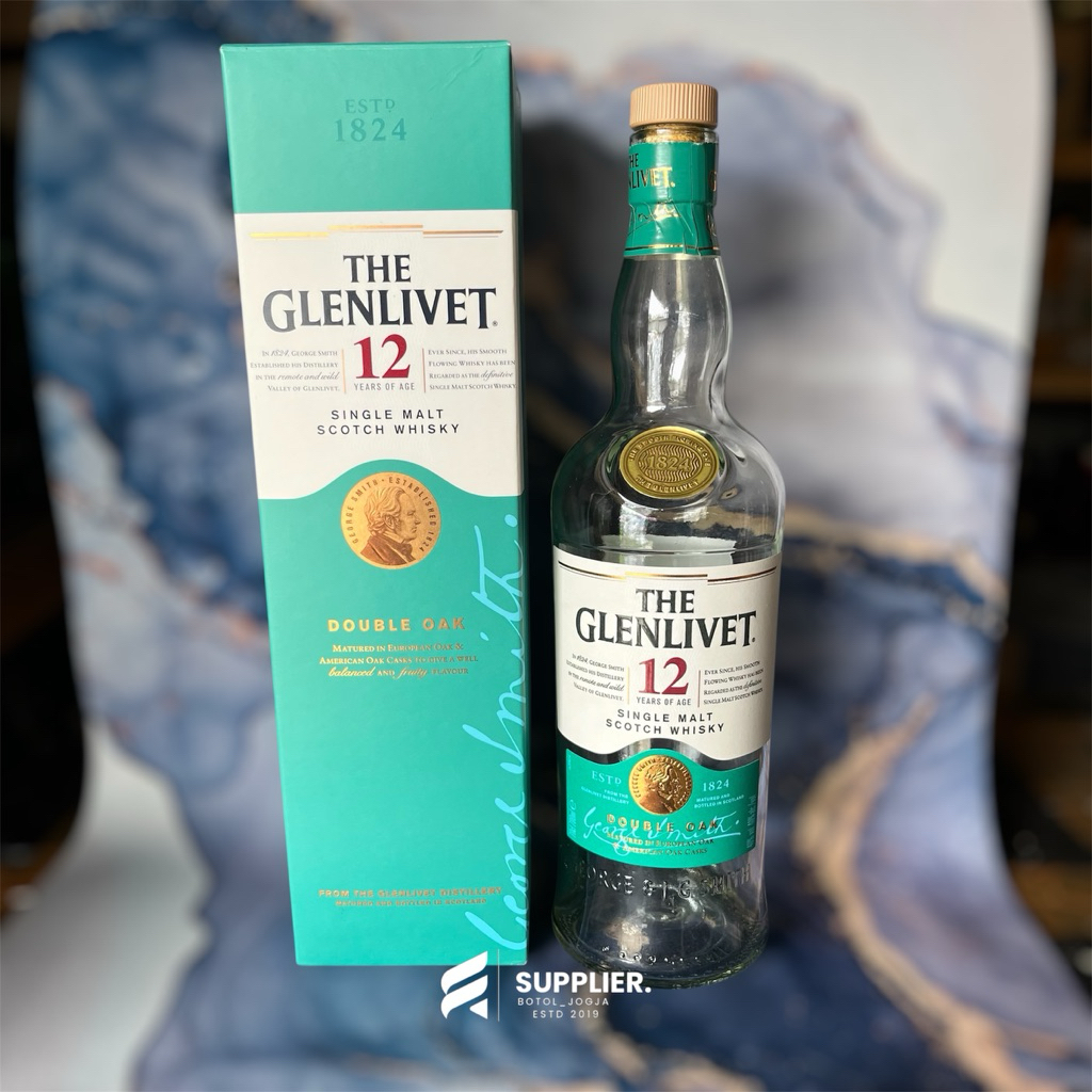 botol bekas minuman keras Glenlivet 12 double oak botol unik botol antik + box termurah
