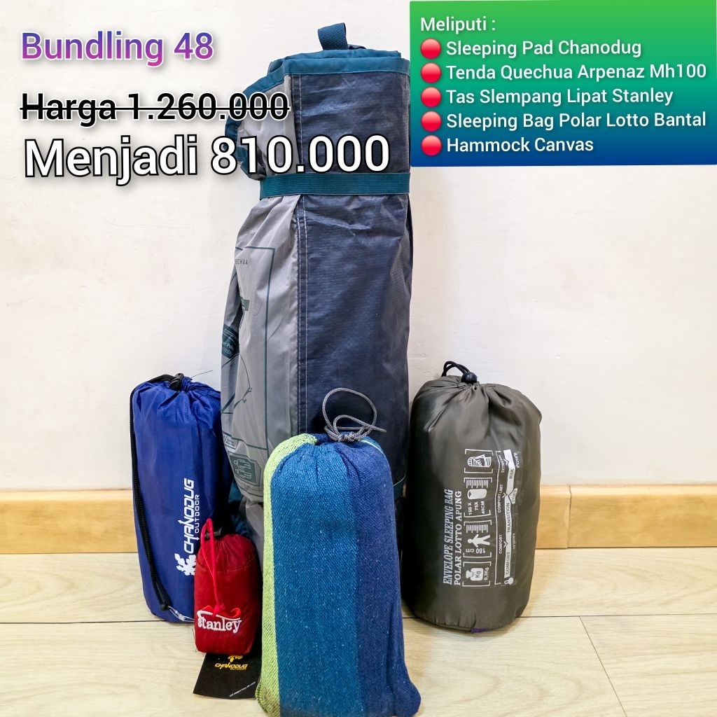 Paket Bundling 48 Meliputi :
1. Tenda Quechua Arpenaz Mh100 IDR 825K
2. Sleeping Pad Chanodug IDR 20