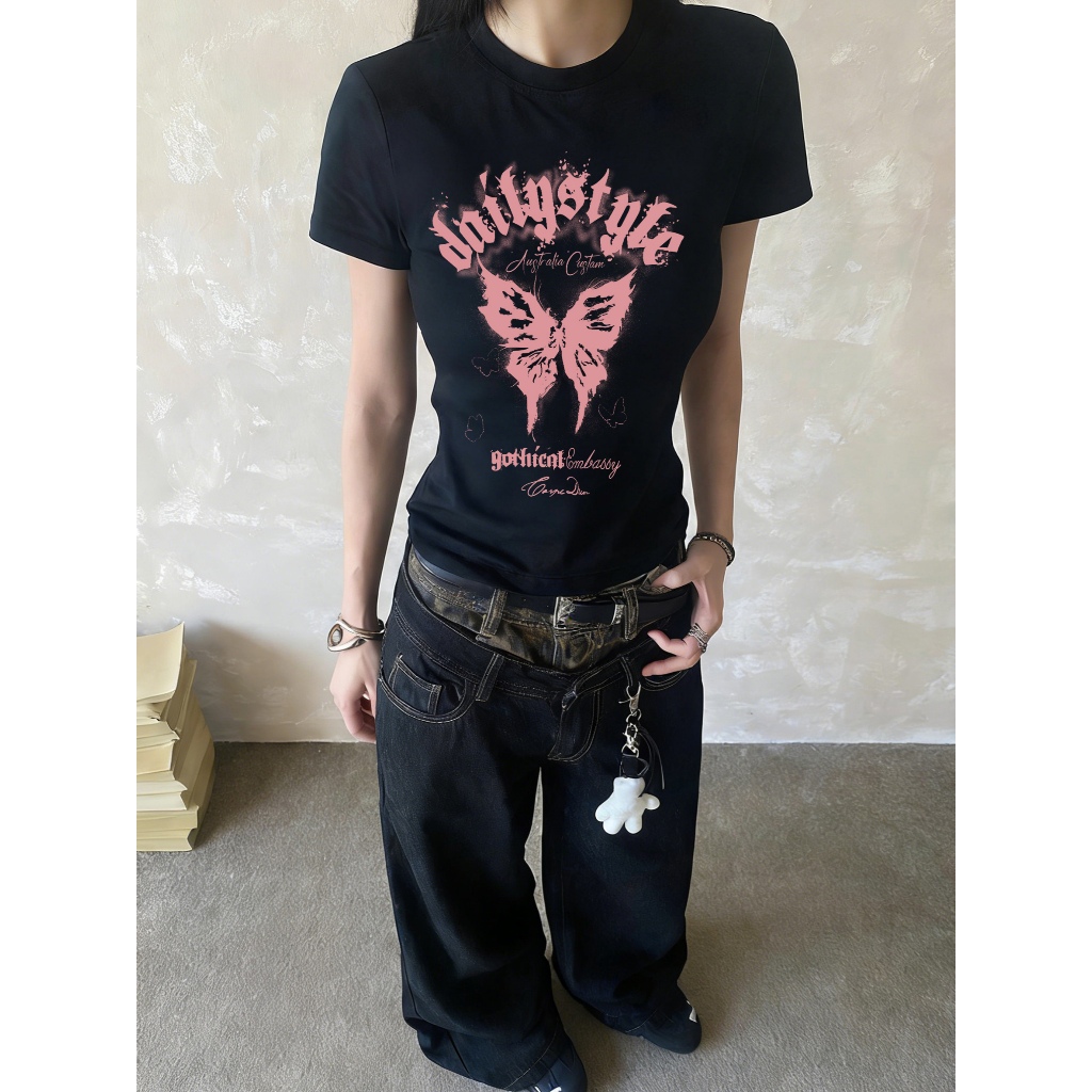 Baju Wanita Amerika Crop Top Kerah Bulat Pendek Bahan Katun Tinggi Kualitas Cetakan Kupu-Kupu Gaya G