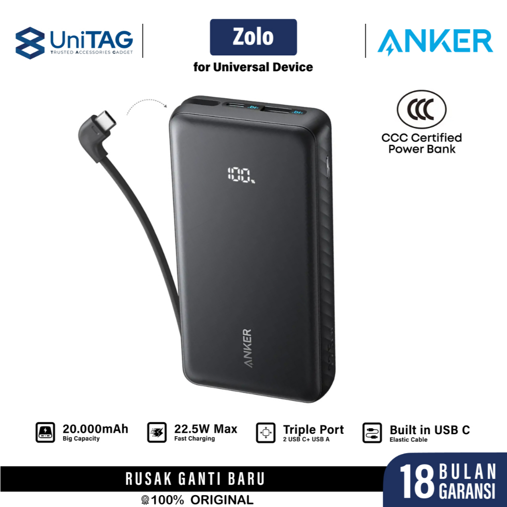 Anker Powerbank Built-in USB C Cable 20000mAh Zolo - Black A110EH11