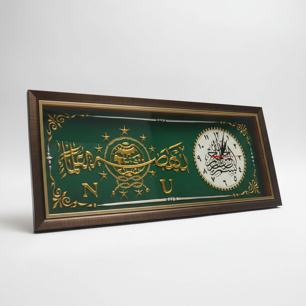 Kaligrafi Lambang NU + Jam Timbul Prada 70cmx35cm Cocok untuk Dekorasi Ruang Tamu dan Kamar Pribadi