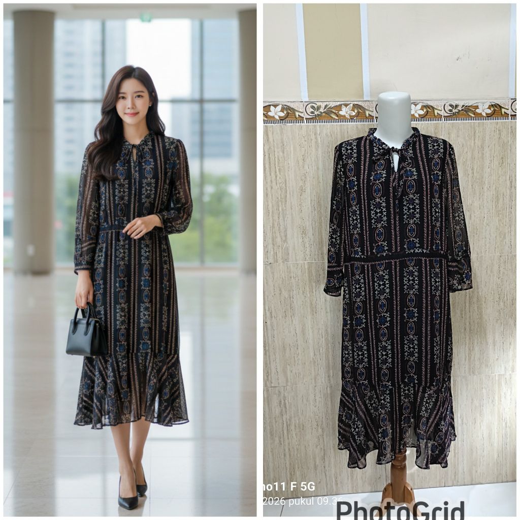 Dress Midi hitam lengan panjang motif batik