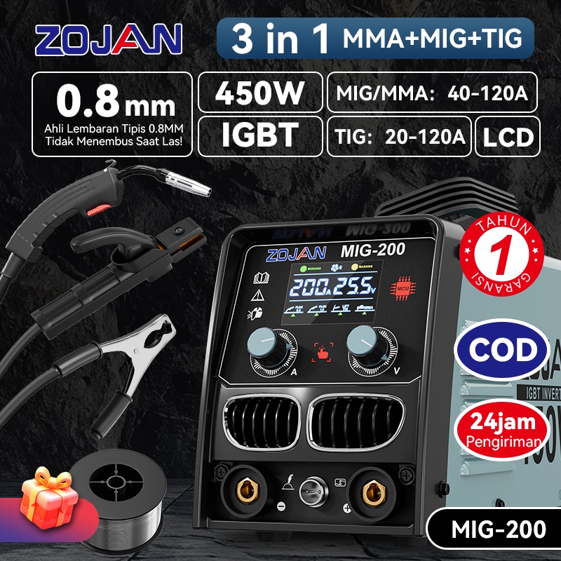 ZOJAN MIG-200 Mesin Las Inverter Digital Tampilan - Portabel IGBT Tanpa Gas 450W 3IN1 MIG/MMA/TIG
