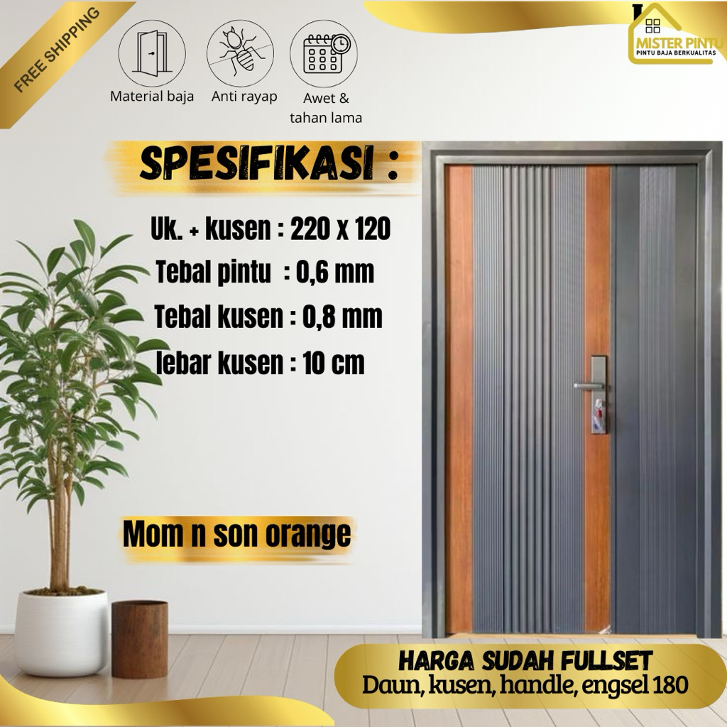 Pintu Baja Mom & Son Orange | Pintu Utama | Pintu baja Ekonomis  | Pintu Baja Set Pintu Plate Baja /