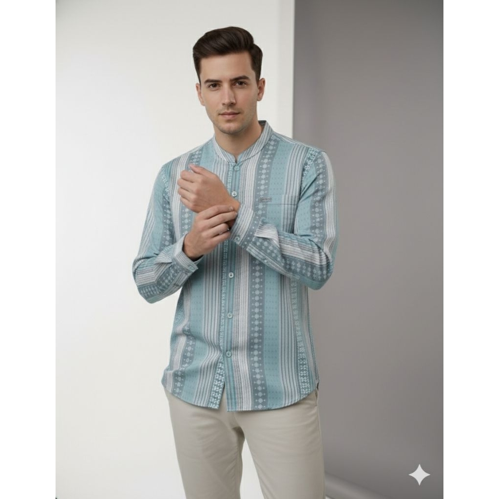 Kemeja Koko motif Triset tangan panjang warna hijau sage