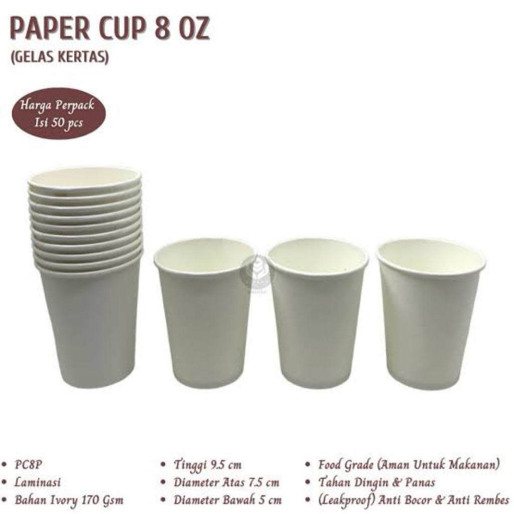 KemasanYA 50pcs PAPER CUP 8oz POLOS PAPER CUP KOPI GELAS KOPI PANAS KERTAS CUP