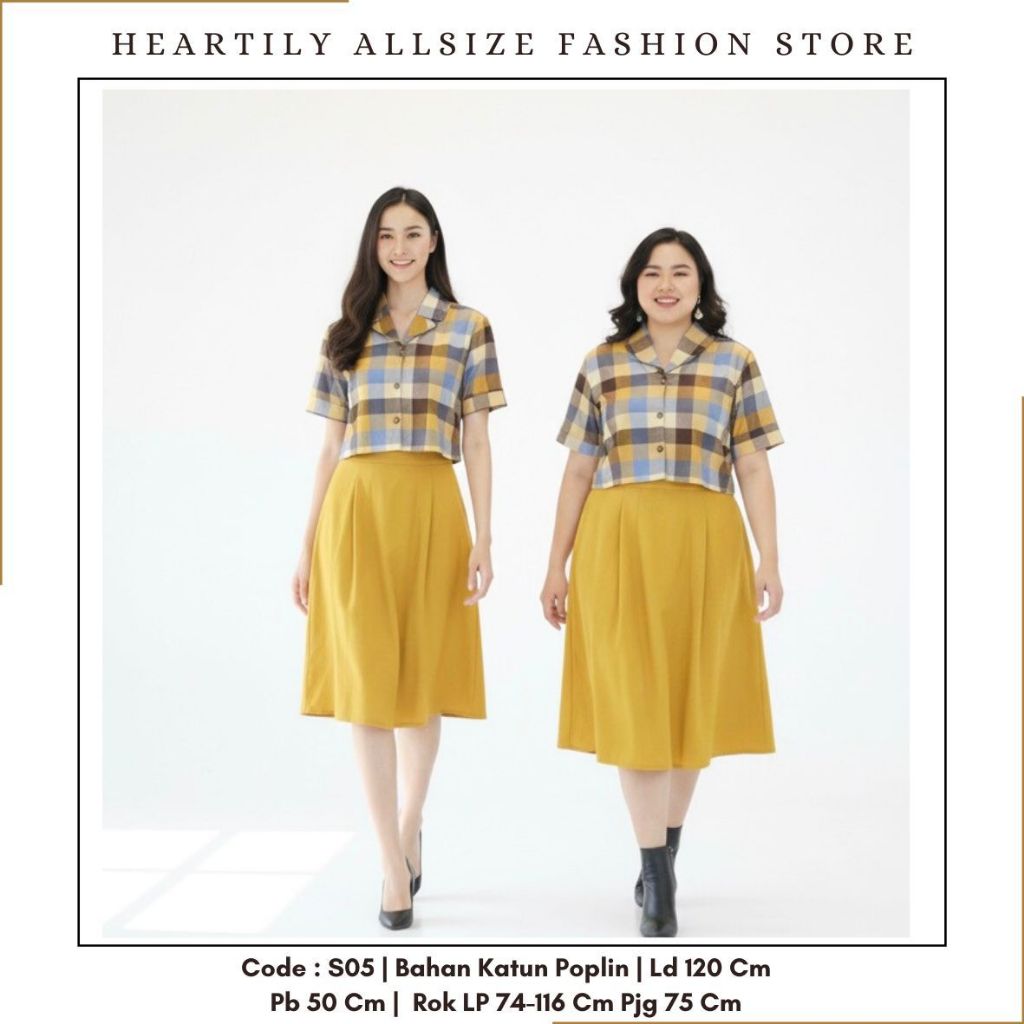 [ HEARTILY FASHION ] S05 Set Wanita Allsize Kotak Kotak LD 120 - Rok LP 75-116 cm Karet Pinggang Kat