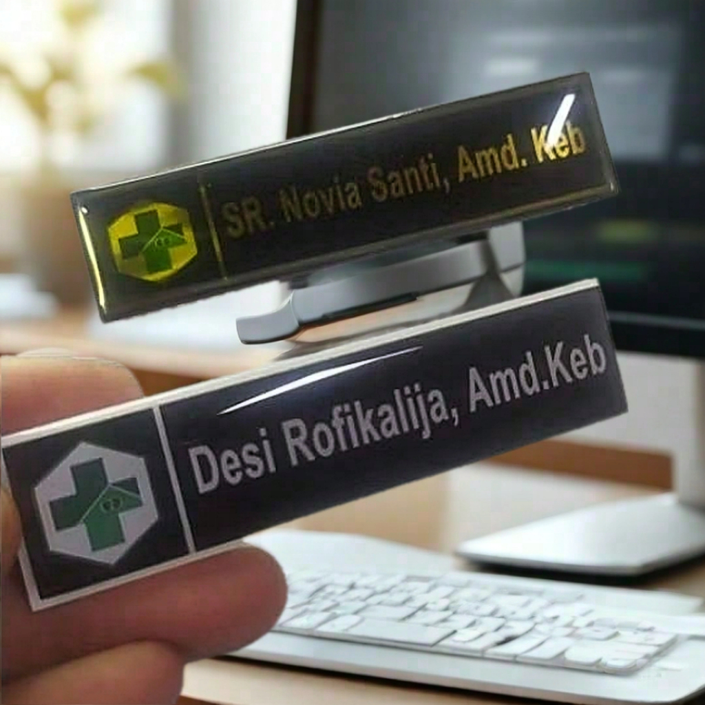 Name Tag Akrilik Gold Putih Peniti Costum papan nama peniti akrilik