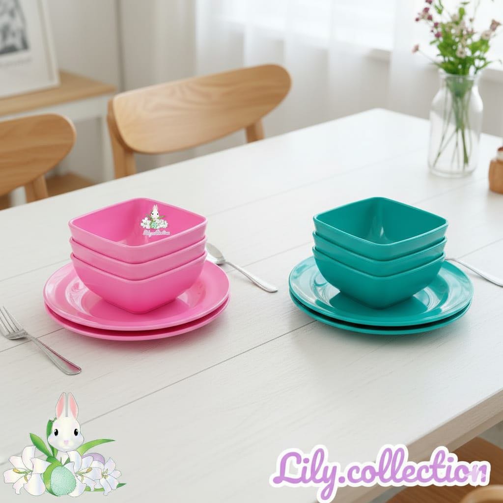 Piring Melamin | Set Piring | Paket Piring Bulat + Mangkok Kotak Melamin Set 6 Pcs - LILYCOLLECTION