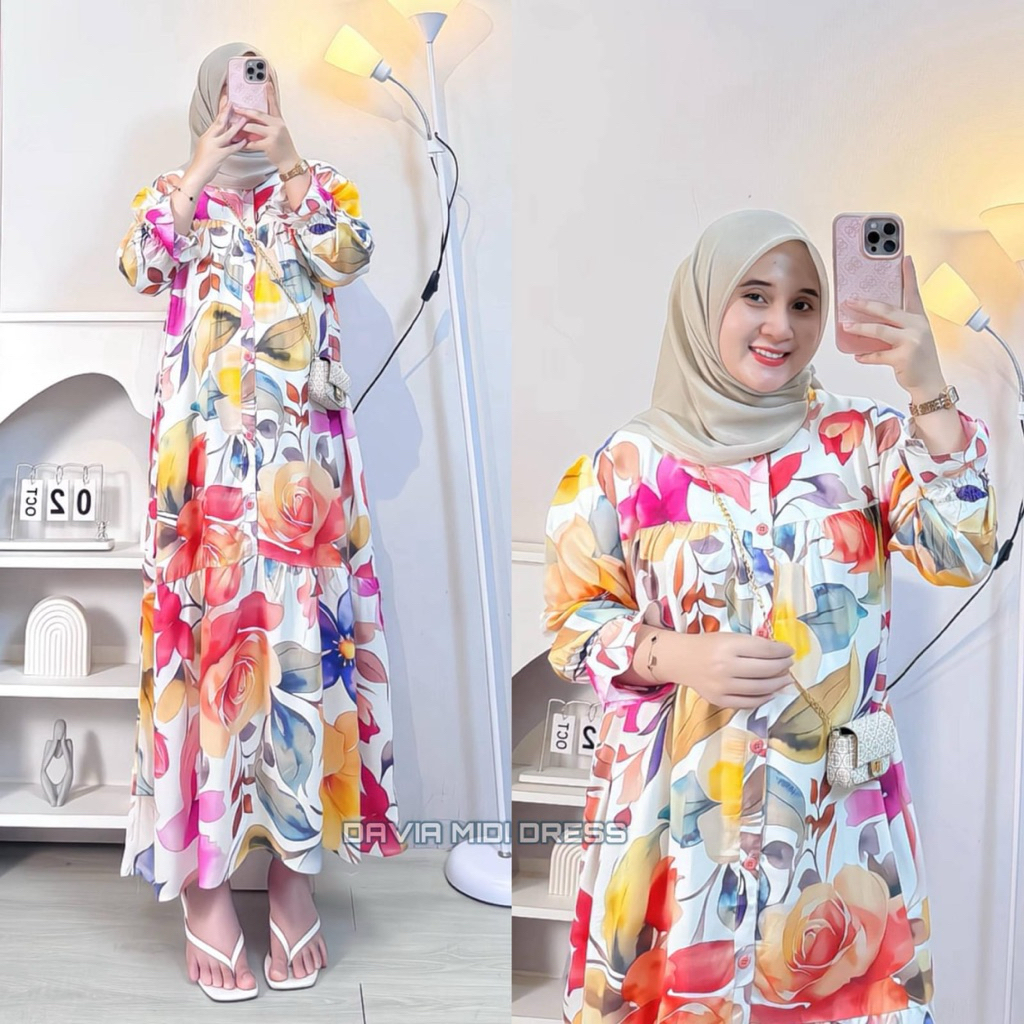 GAMIS RAYA MIDI DAVIA DRESS MUSLIM RAYON JUMBO MOTIF BUNGA BUSUI