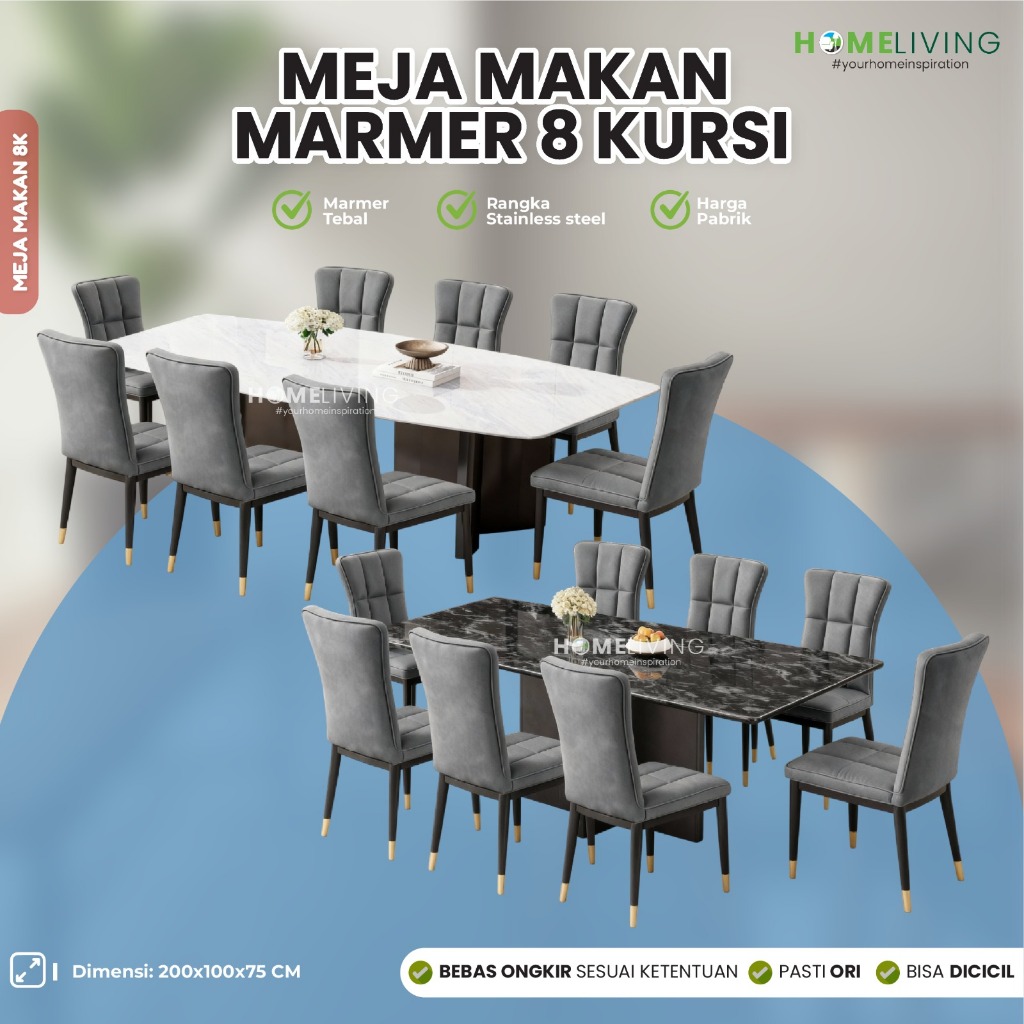 HOMELIVING - MEJA MAKAN MARMER 8 KURSI - MEJA MAKAN MURAH PONTIANAK - MEJA MAKAN MODERN