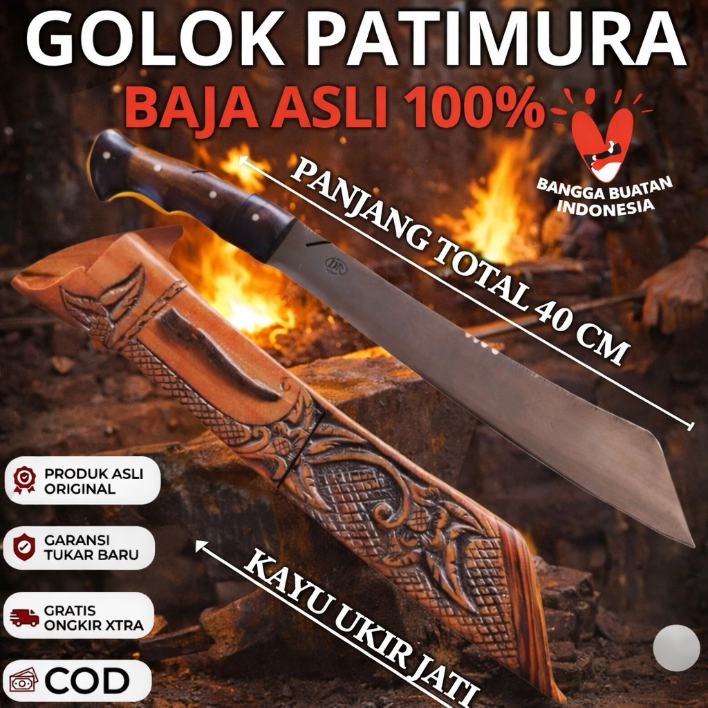 Golok Patimura Baja Per Asli 100% | Full Tang | Sarung Kayu Premium | Tajam & Kuat
