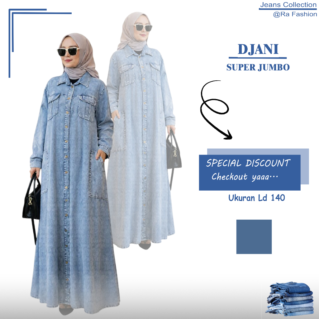 Dress Gamis Jeans Wash Wanita Jumbo LD 140 Snow Blue Premium Import | Gamis Big Size Busui