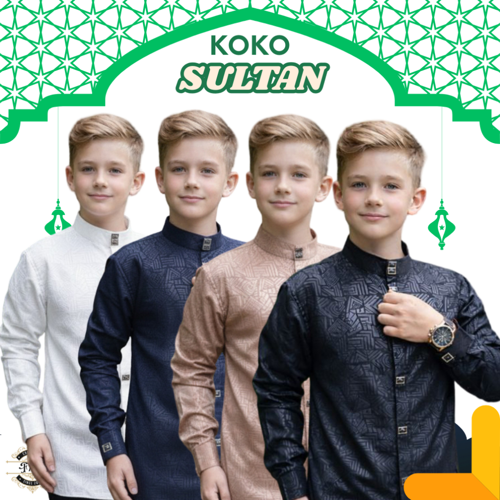Kemeja Koko Anak Sultan Embos Motif Etnik Lengan Panjang Bahan Wolfis Embos 4-14 Tahun