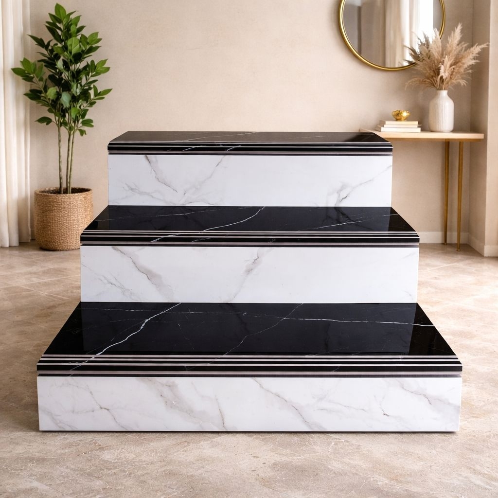 granit tangga glossy/hitam motif putih/stepnosing/antislip/granit tangga ukuran 30x80/30x70