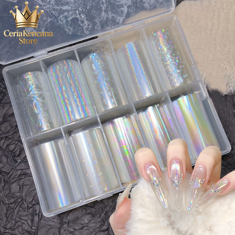 10 Roll/Box Transfer Paper Holografik Nail Art Kertas Transfer Kuku Stiker Kuku Dengan