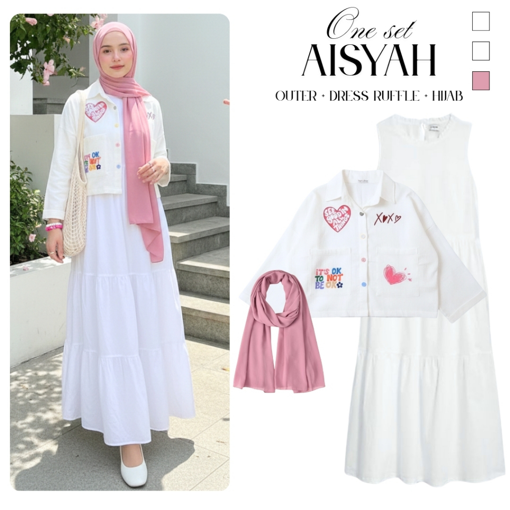 Aisyah Set 3in1 One Set Remaja Kekinian ( Dress Ruffle + Outer Kemeja Crop + Pasmina ) Outfit Ramada