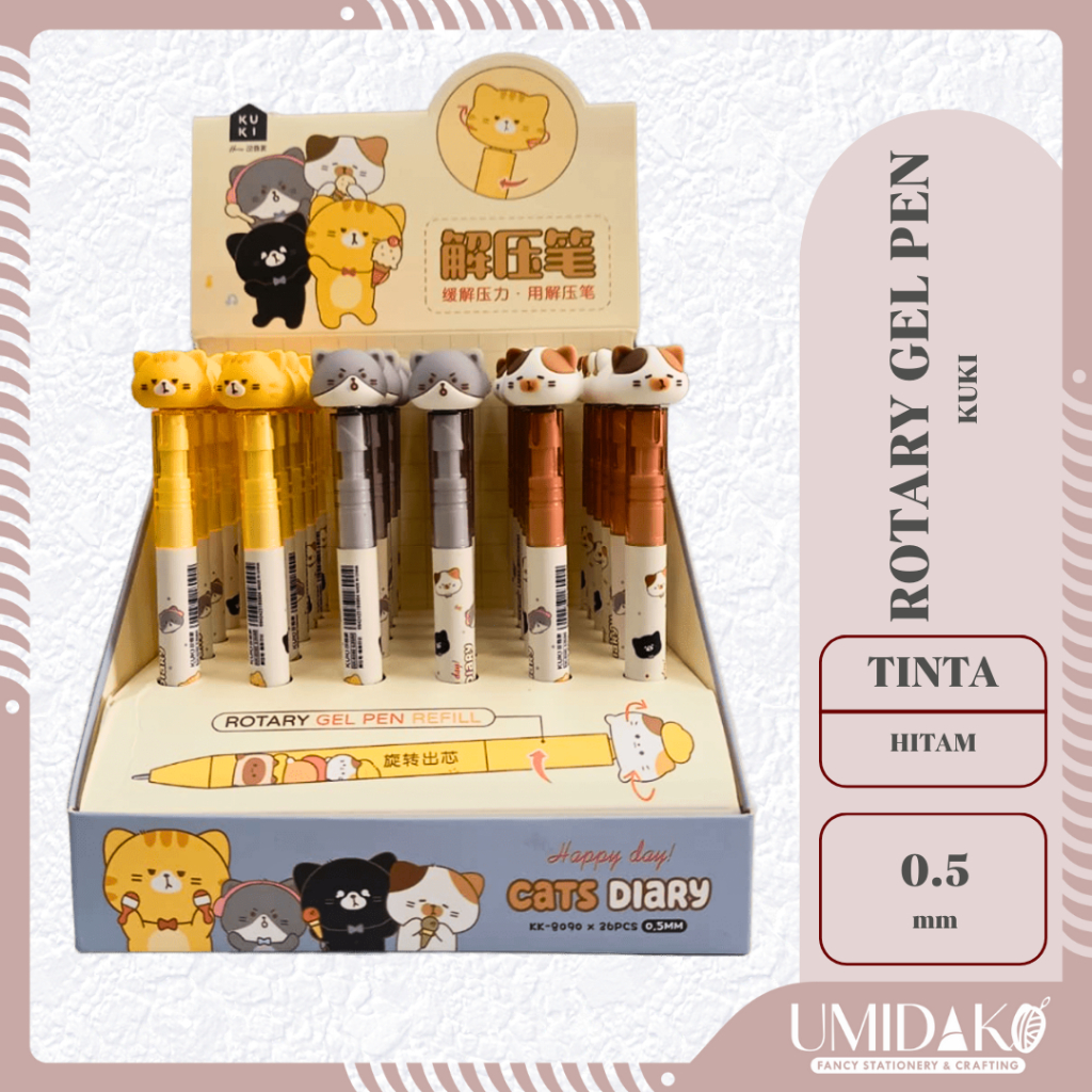 [UMIDAKO] BOLPEN PULPEN ROTARY GEL PEN 0.5 KUKI | BOLPEN VIRAL LUCU KUCING PUTAR