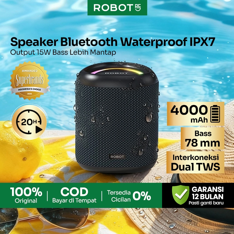 ROBOT Speaker Bluetooth Tahan Air IPX7 Daya 15W Pemutaran 20 Jam Non-Stop Bluetooth 5.3 Super Bass J