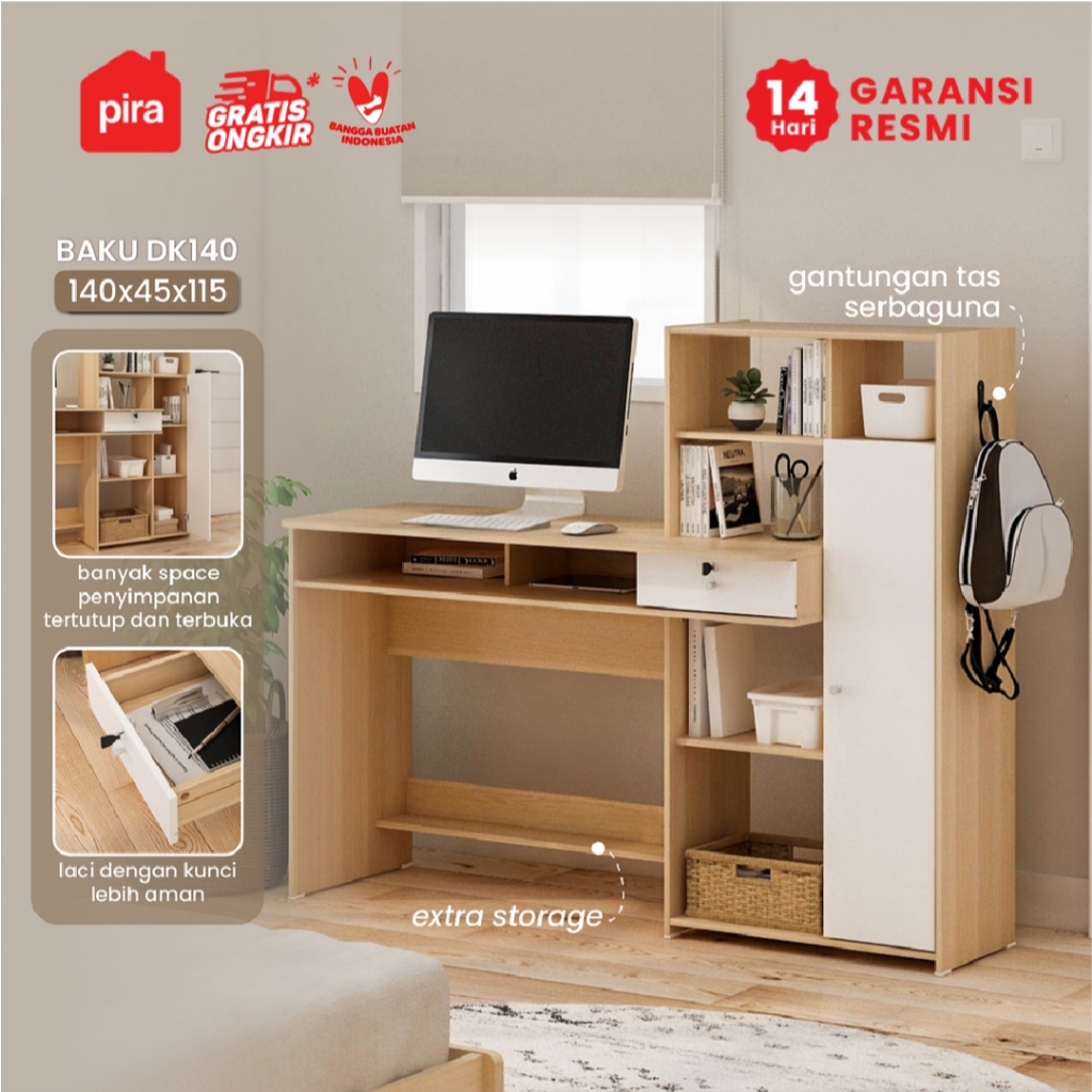 Pira Metropolis - Baku DK140 Meja Belajar / Meja Kerja dengan Rak Buku