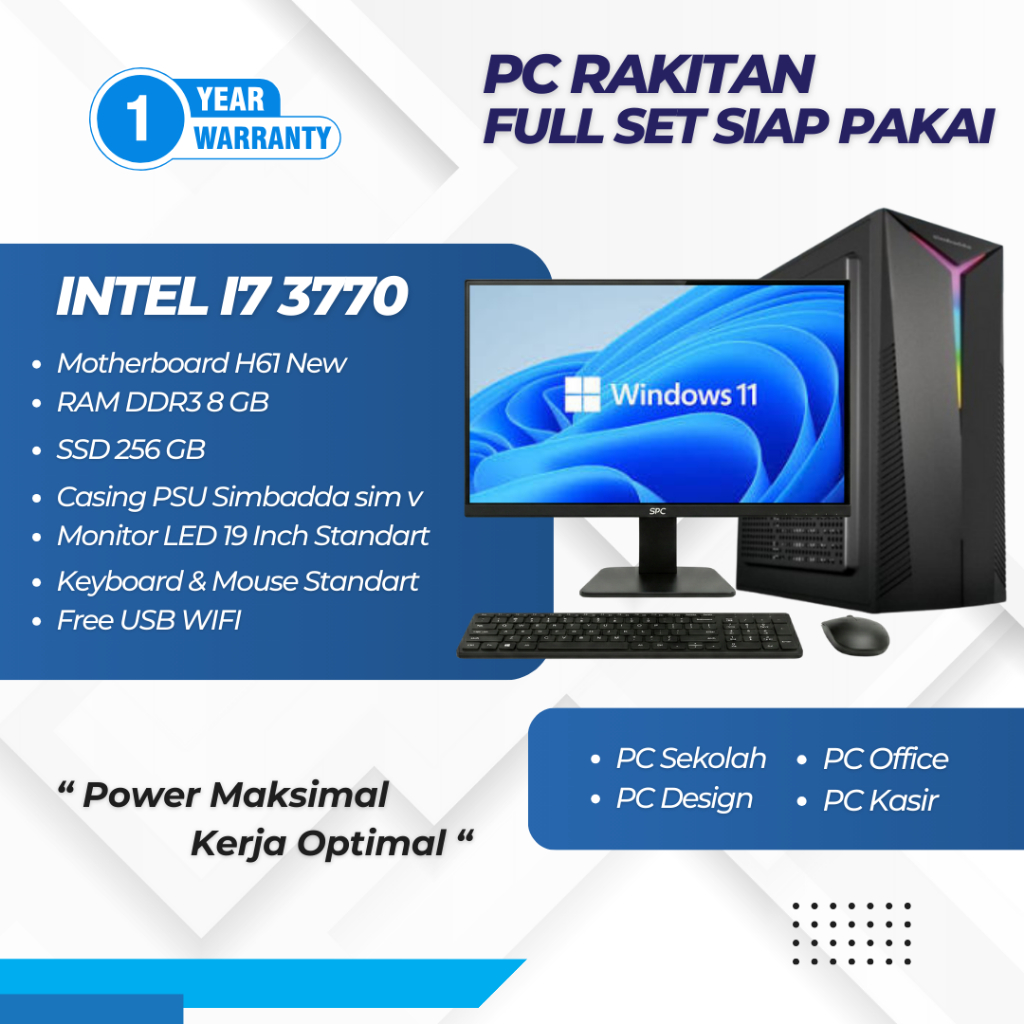 PC RAKITAN ANBK TKA FULL SET INTEL I7 3770 MB H61 DDR3 8GB SSD 256GB PSU SIMBADDA SIMV LED 19 INCH