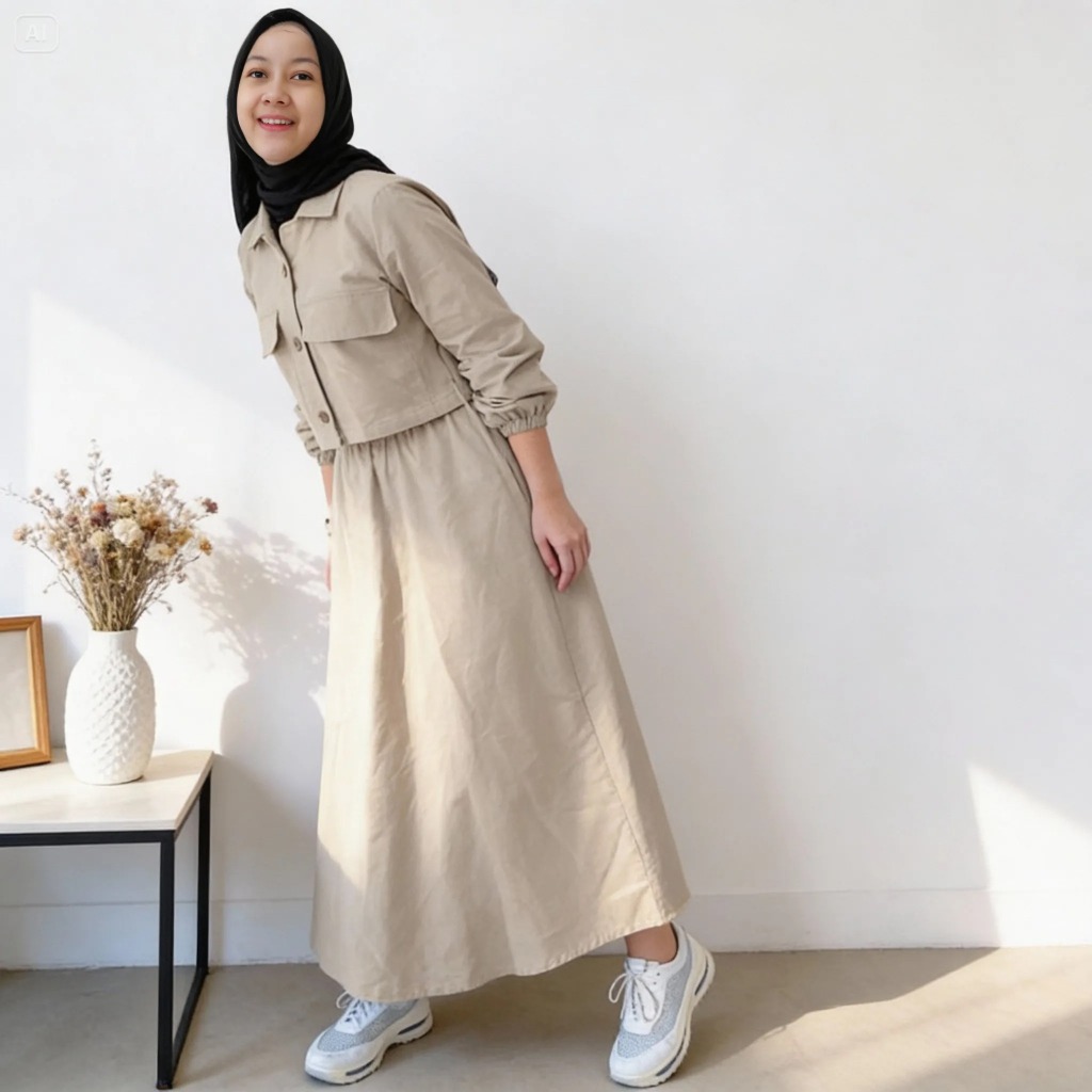 Baju Set Wanita Lebaran Kekinian Bahan Linen Korean Style Muslimah Outer setelan Rok