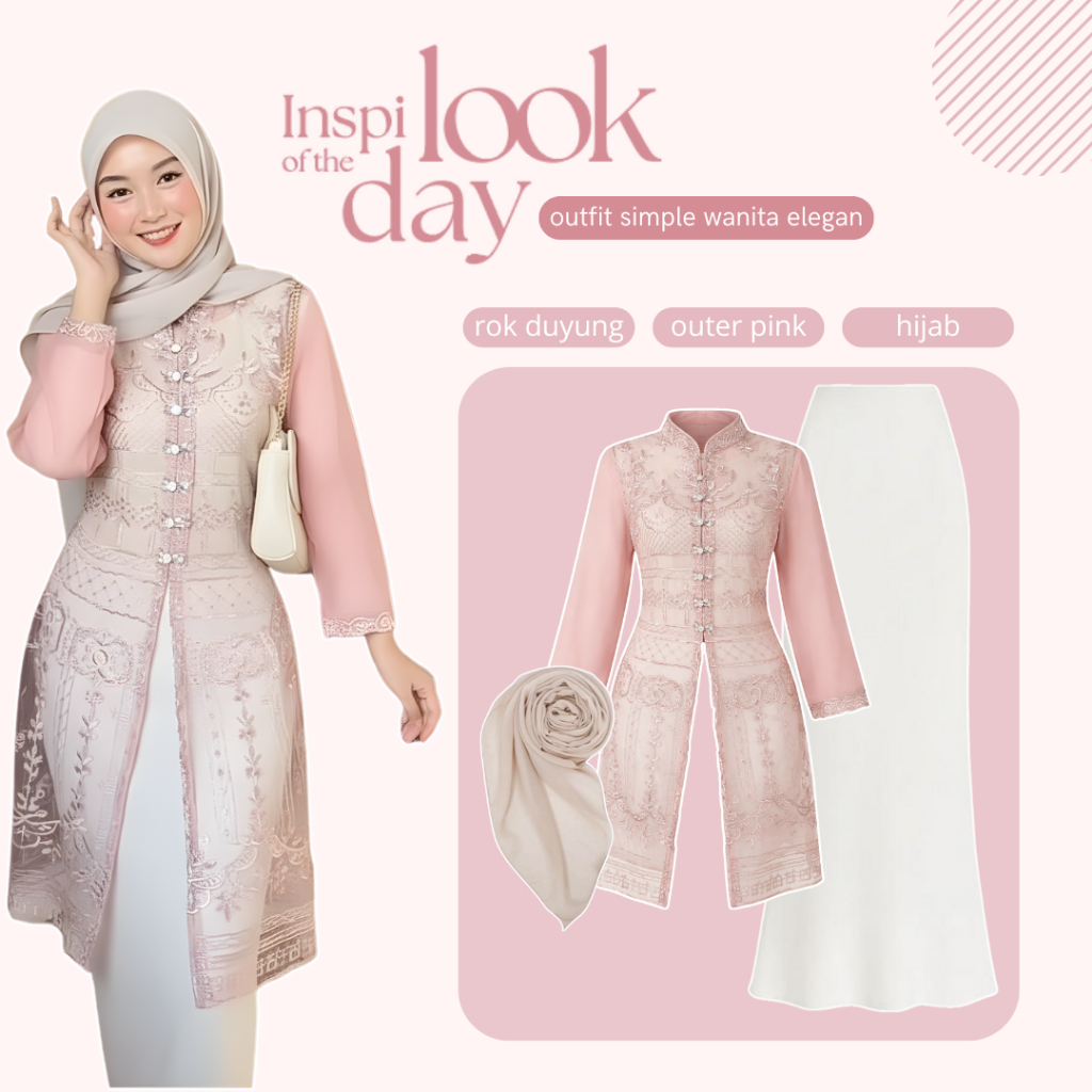 Satu Set Outfit Wanita | Outer Brukat Pink + Rok Duyung Putih + Hijab | 1 Set Baju Lebaran - AM234N