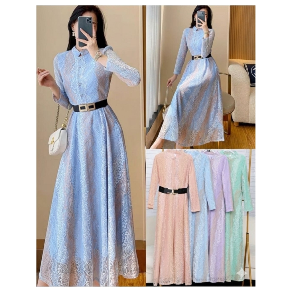 Gamis Muslim Wanita | Gamis Azahra Brokat Premium | Belt Hitam