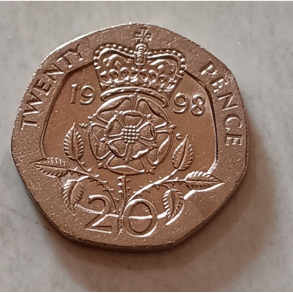 koin Inggris 20 pence tahun 1998..