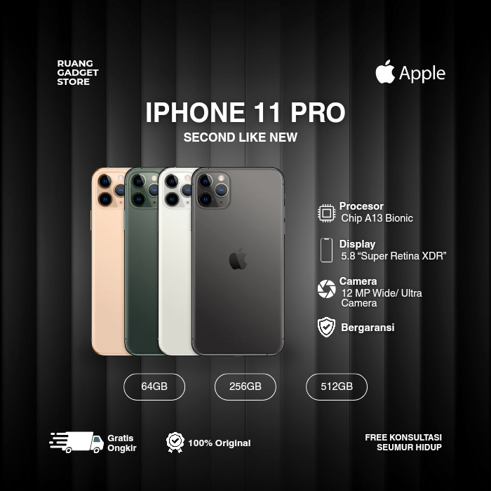 IPHONE 11 PRO SECOND LIKE NEW 64GB 128GB 256GB Midnight Green, Space Gray, Silver, Gold