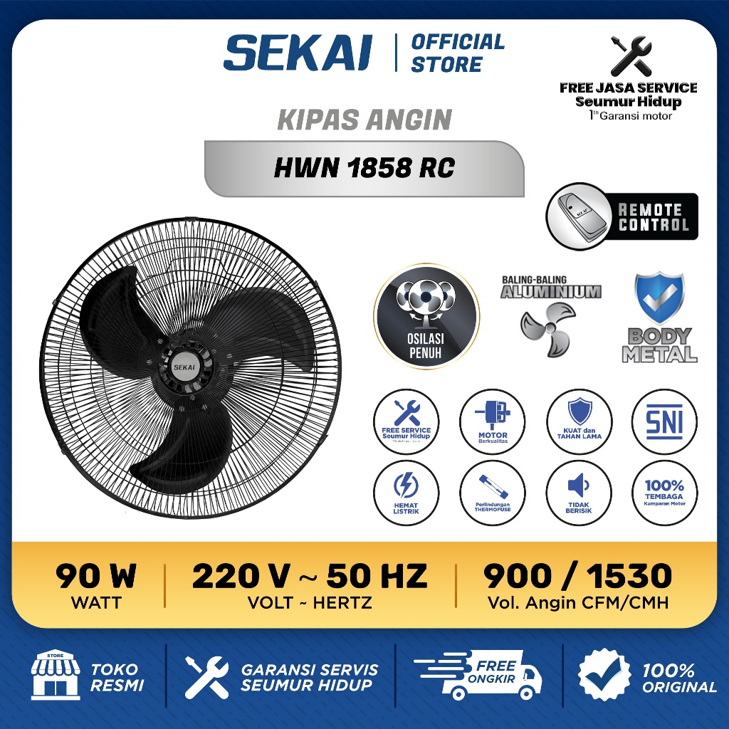 SEKAI Kipas Angin Dinding Tornado / Kipas Angin Gantung Remote Control 18 Inch - HWN 1858 / HWN 1858