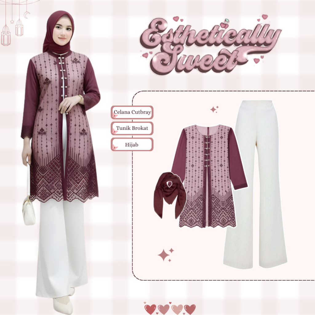 One Set Kondangan Tunik Brokat Mutiara (Celana Cutbray + Tunik Brokat + Hijab) Ootd Kondangan Wanita