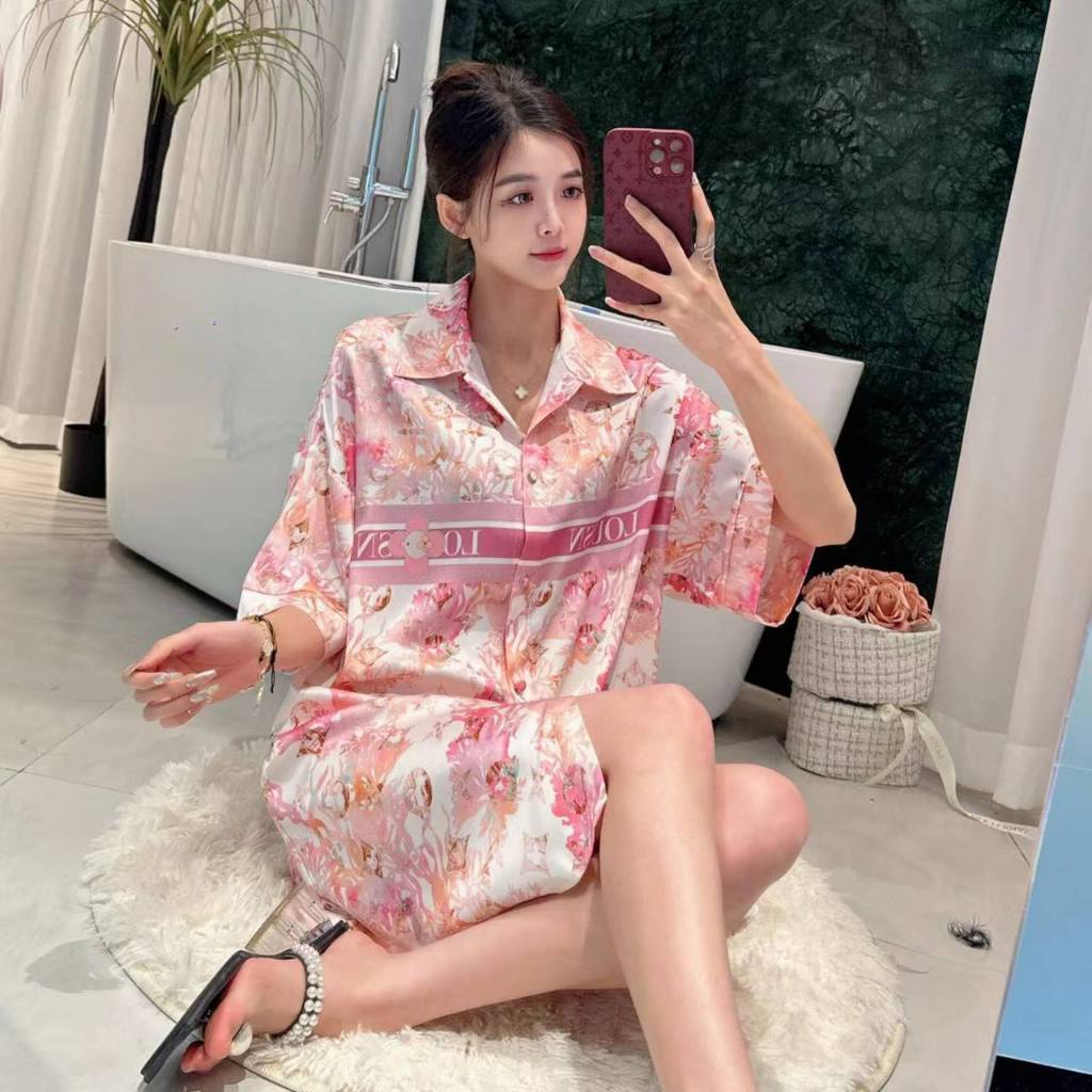 Daster Tidur Wanita Boyfriend Style Ice Silk Viral TikTok Baju Tidur Kemeja Lucu Lengan Panjang Over