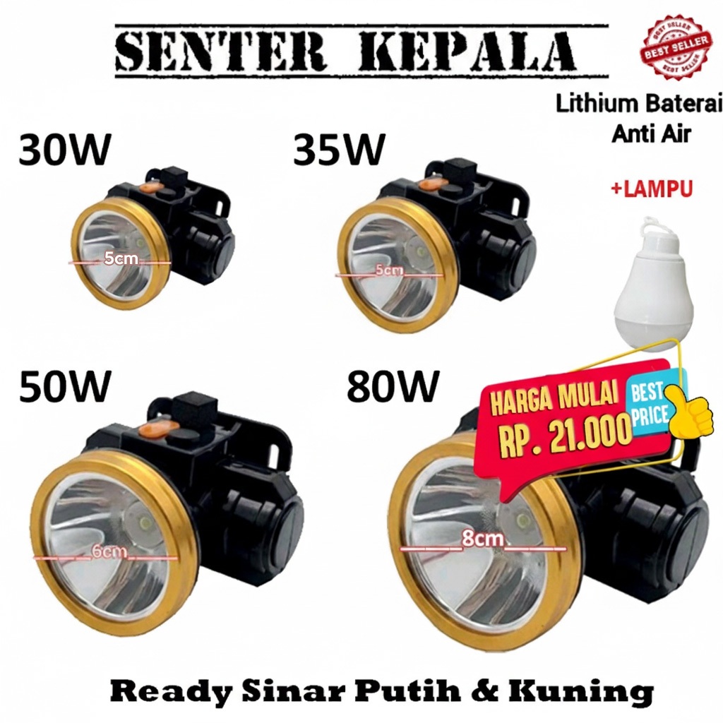 Senter Lampu Kepala Head Lamp Nyala Putih Kuning 30Watt / 35Watt / 50Watt / 80Watt