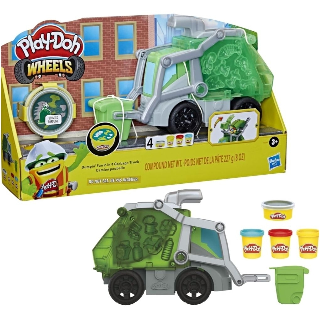 PLAY-DOH WHEELS DUMPIN' FUN 2-IN-1 GARBAGE TRUCK WITH GARBAGE COMPOUND & 3 CANS - MAINAN PLAY DOH OR