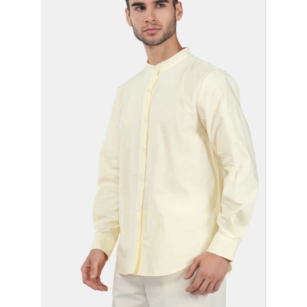 Benang jarum Ethereal Embroidery Men Shirt Cream Baju koko Baju Lebaran