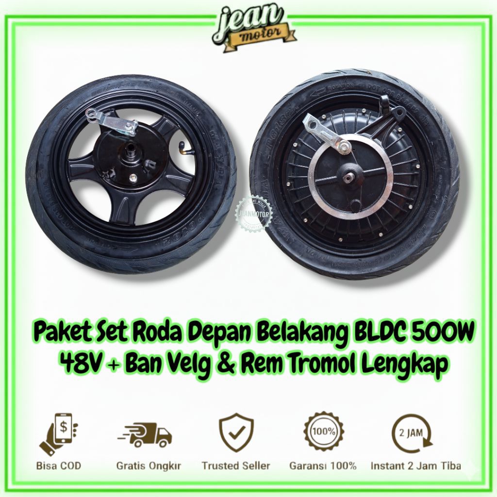 Paket Set Roda Depan Belakang BLDC 500W 48V + Ban Velg & Rem Tromol Lengkap