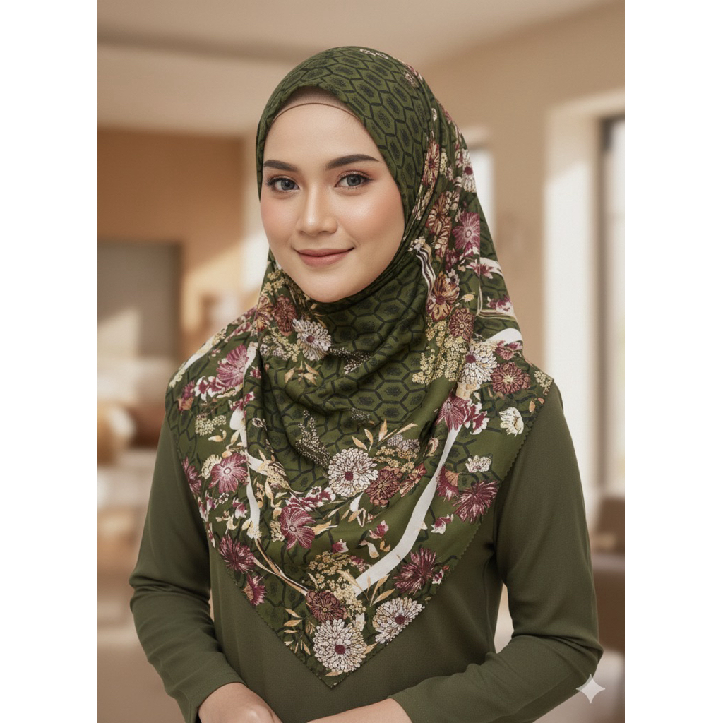 Jilbab Segiempat Hijau Motif Cantikkk