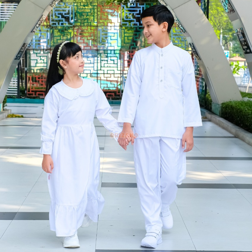 Setelan Baju Koko Putih Anak Laki Laki dan Perempuan Gamis Anak Muslim Dewasa Couple Manasik Haji EM