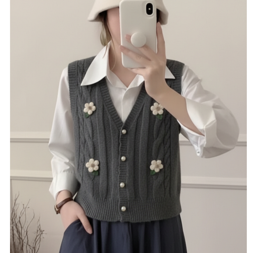 Vest Wanita Premium YZ Outer #2313 Bahan Rajut Lembut Dengan Hiasan Bunga Daisy Aplikasi Kancing Rom