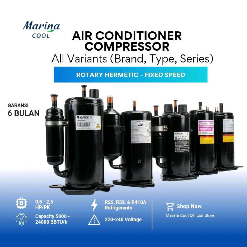 Kompresor AC Berbagai Merk (R22, R410a, R32) 1/2 PK, 3/4 PK, 1 PK, 1.5 PK, 2 PK Baru dan Garansi