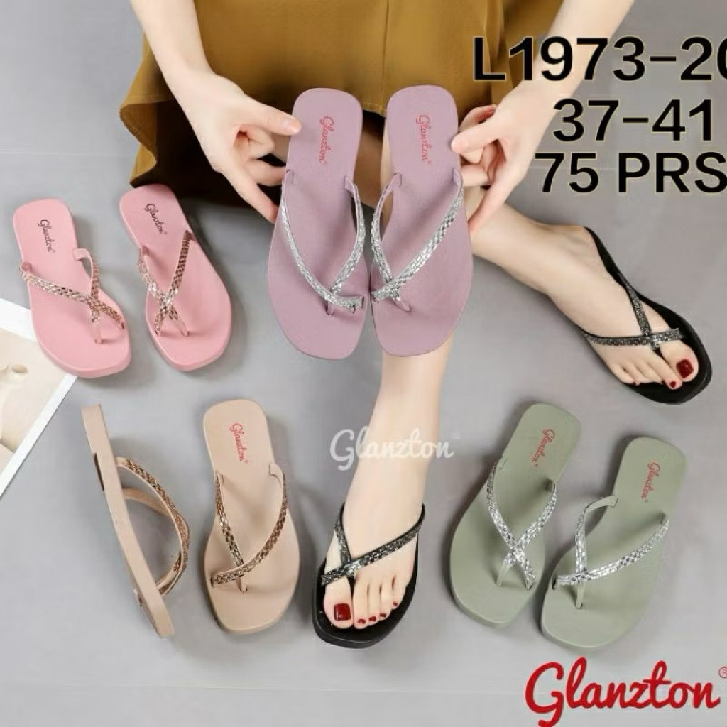 L1973-20 Sandal Jepit Jelly Glanzton Tali Monte Jempol Karet Wanita Import Sendal Manik Japit Mutiar