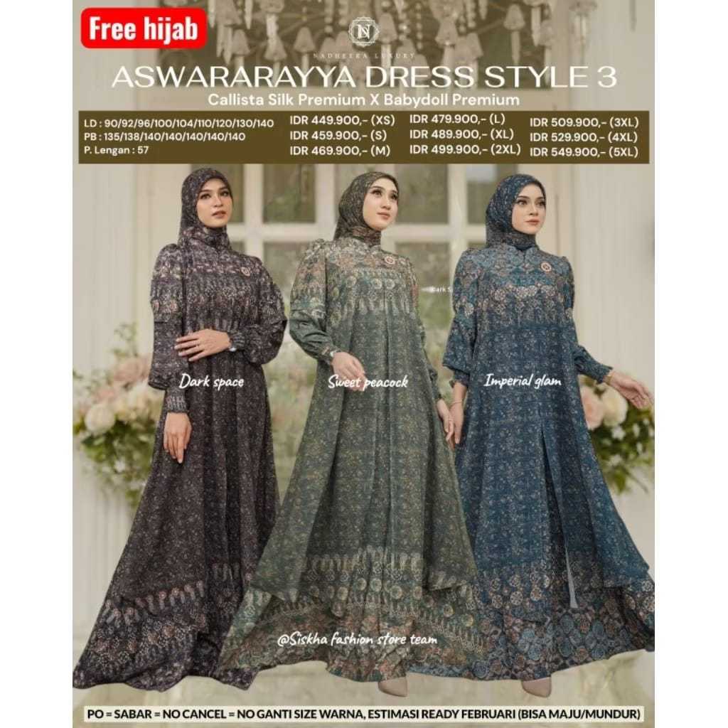 ASWARARAYYA DRESS  DAN MIDI STYLE 3 by Nadheera Luxury Ori Terbaru, Gamis Motif, Gamis Silk babydoll