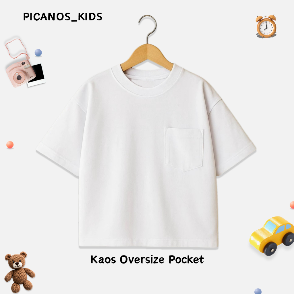 PICANOS KIDS - Kaos Pocket Anak Oversize Putih / Baju Pocket Anak White / Kaos Oversize Polos Anak P