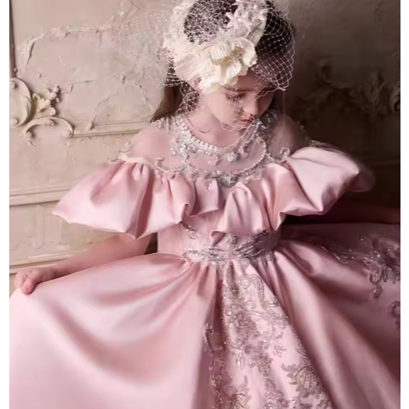 gaun dress  cantik pink  /  white  denganpayetan  mewah  lengan pendek  gaun anak  ballgown